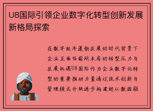 U8国际引领企业数字化转型创新发展新格局探索